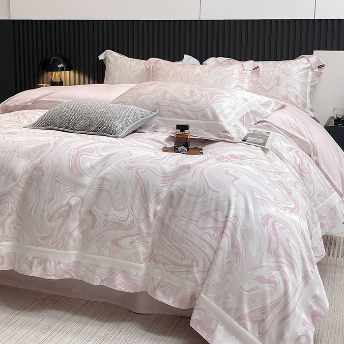 91家纺网 家纺一手货源 找家纺 【直播爆款】A类全棉数码印花四件套纯棉轻奢风长绒棉床单被套条纹床上用品 SM浮影-静谧粉