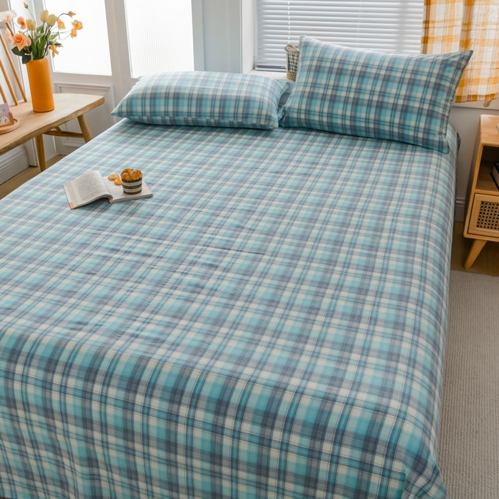 91家纺网 家纺一手货源 找家纺 柠萌家居 2025新款无印风全棉色织A类母婴级纯棉水洗棉床单 简爱绿格