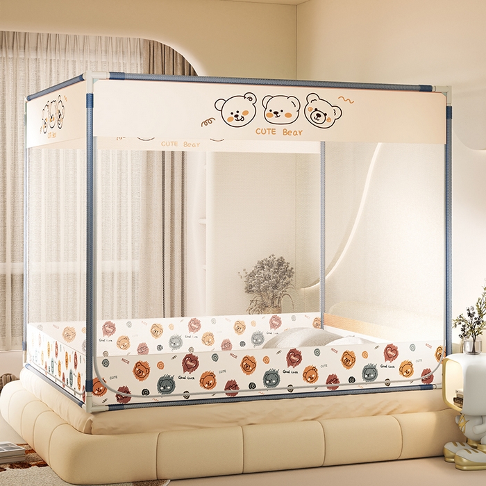 91家纺网 家纺一手货源 找家纺 青竹苑 2025新款三门大版上下布印花外穿坐床蚊帐床笠式防摔方帐 熊熊出没