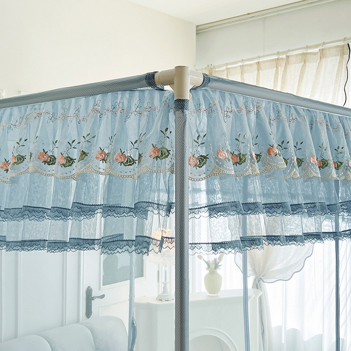 91家纺网 家纺一手货源 找家纺 青竹苑 2025新款紫荆花床笠式坐床防摔蚊帐 青春蓝