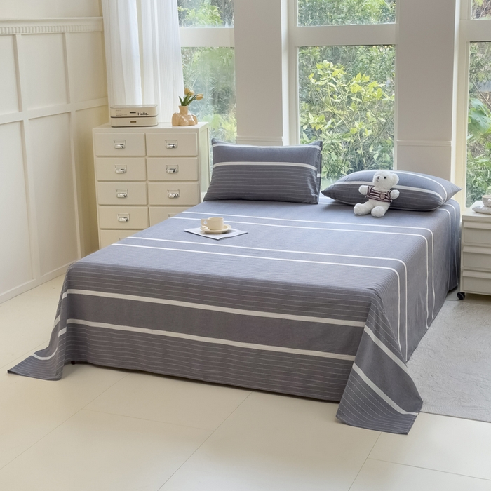 91家纺网 家纺一手货源 找家纺 柠萌家居 2025新款无印风全棉色织A类母婴级纯棉水洗棉床单 光阴灰