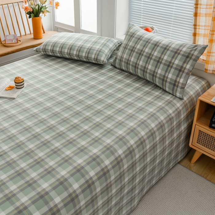 91家纺网 家纺一手货源 找家纺 柠萌家居 2025新款无印风全棉色织A类母婴级纯棉水洗棉床单 遇见绿格