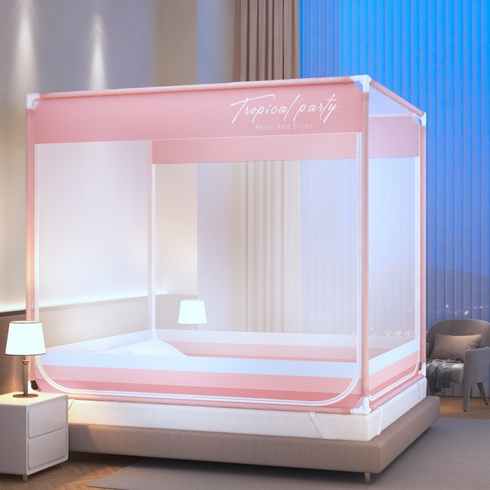 91家纺网 家纺一手货源 找家纺 青竹苑 2025新款双门全底外穿坐床式蚊帐儿童防摔防蚊拉链方帐 几何图案-夏日粉