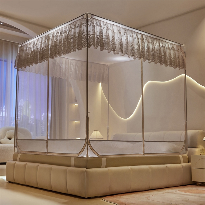 91家纺网 家纺一手货源 找家纺 青竹苑 2025新款花边TU拉链外穿全底坐床蚊帐 月光灰