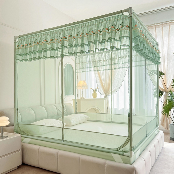 91家纺网 家纺一手货源 找家纺 青竹苑 2025新款紫荆花床笠式坐床防摔蚊帐 薄荷绿