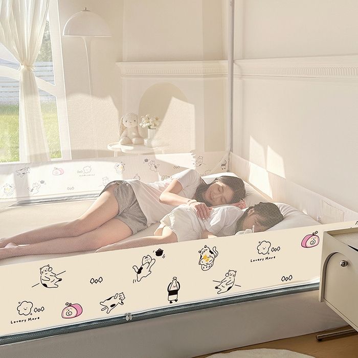 91家纺网 家纺一手货源 找家纺 青竹苑 2025新款三门大版上下布印花外穿坐床蚊帐床笠式防摔方帐 你好喵呀