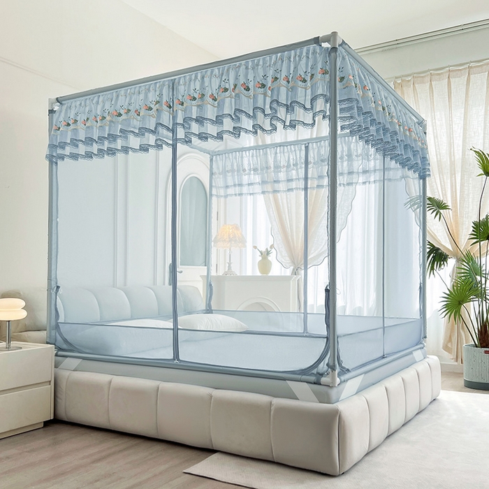 91家纺网 家纺一手货源 找家纺 青竹苑 2025新款紫荆花床笠式坐床防摔蚊帐 青春蓝