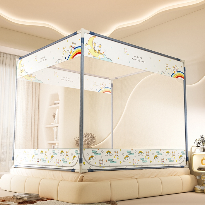 91家纺网 家纺一手货源 找家纺 青竹苑 2025新款三门大版上下布印花外穿坐床蚊帐床笠式防摔方帐 萌萌兔