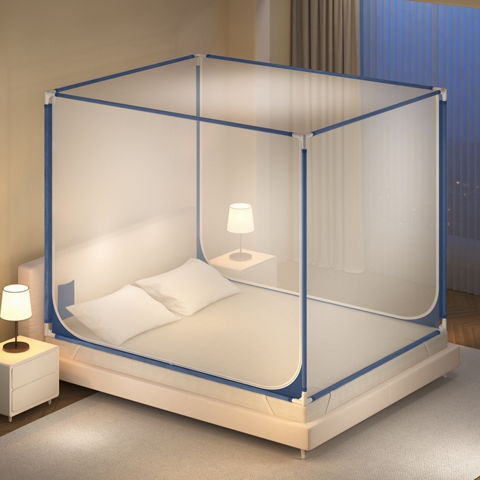 91家纺网 家纺一手货源 找家纺 青竹苑 2025新款双门全底外穿坐床式蚊帐儿童防摔防蚊拉链方帐 大方加密蓝