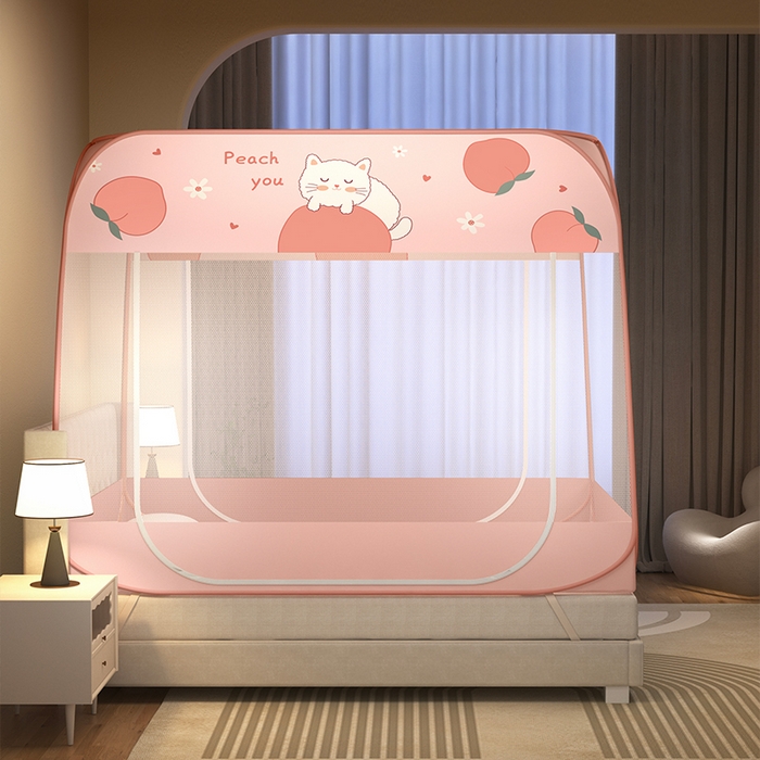 91家纺网 家纺一手货源 找家纺 青竹苑 2025新款免安装方顶布三角防尘顶款魔术蚊帐 柒猫粉