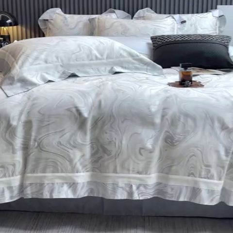 91家纺网 家纺一手货源 找家纺 【直播爆款】A类全棉数码印花四件套纯棉轻奢风长绒棉床单被套条纹床上用品 SM浮影-雅士灰