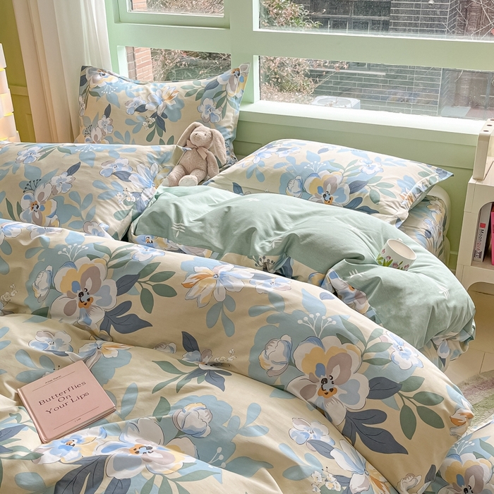 91家纺网 家纺一手货源 找家纺 菲梵家纺 2025新款喷气小清新全棉印花四件套（预留缩水）木棉花