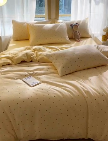 91家纺网 家纺一手货源 找家纺 仟网汇 2025新款针织双层纱AB版四件套 七彩波点