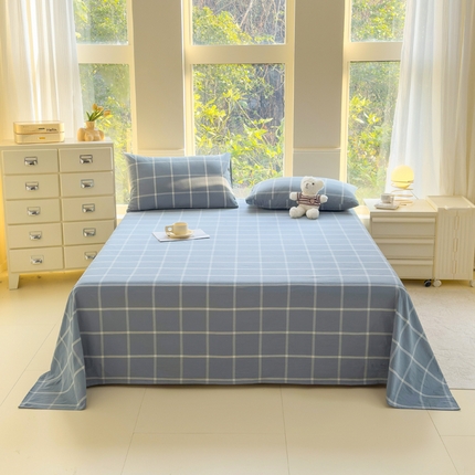 柠萌家居 2025新款无印风全棉色织A类母婴级纯棉水洗棉床单 海蓝大格