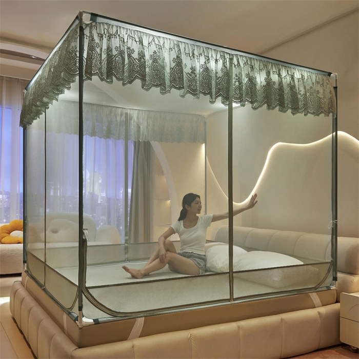 91家纺网 家纺一手货源 找家纺 青竹苑 2025新款花边TU拉链外穿全底坐床蚊帐 抹茶绿