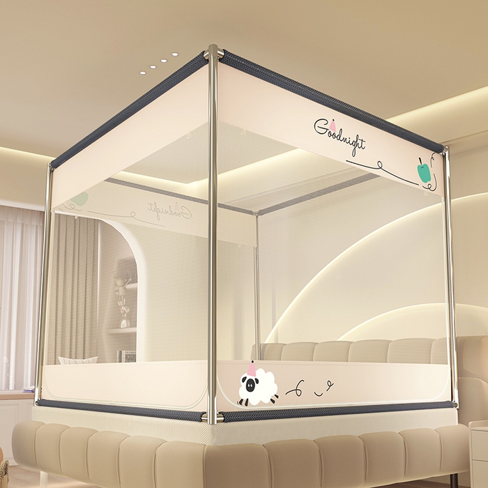 91家纺网 家纺一手货源 找家纺 青竹苑 2025新款三门大版上下布印花外穿坐床蚊帐床笠式防摔方帐 羊咩咩