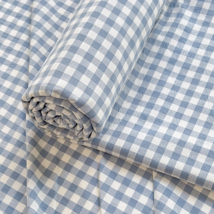 91家纺网 家纺一手货源 找家纺 柠萌家居 2025新款无印风全棉色织A类母婴级纯棉水洗棉床单 浅蓝小格