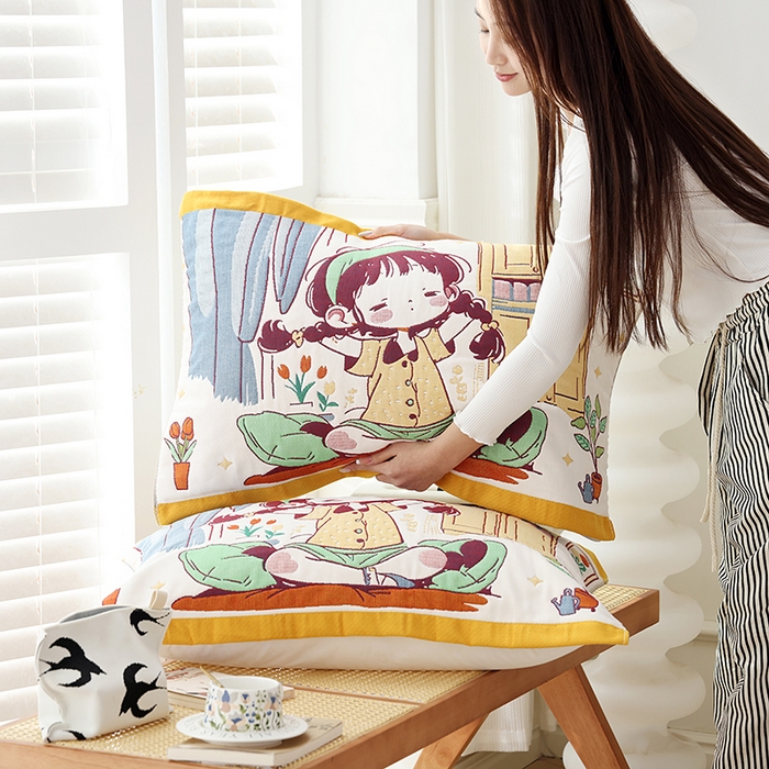 91家纺网 家纺一手货源 找家纺 朴尔家纺-毛巾被 2025新款萌萌系八层纯棉加厚纱布枕巾 早安少女