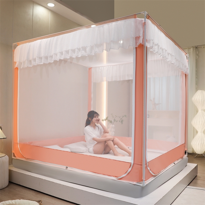 91家纺网 家纺一手货源 找家纺 青竹苑 2025新款双层雪纺边回底外穿坐床 粉玉色