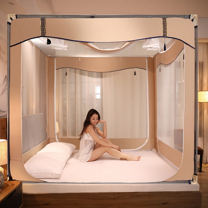 91家纺网 家纺一手货源 找家纺 青竹苑 2025新款外穿中式坐床全底防摔蚊帐 卡其色