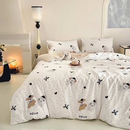 优迈 2025新款ins风亲肤卡通条格印花水洗棉系列四件套 小熊派对