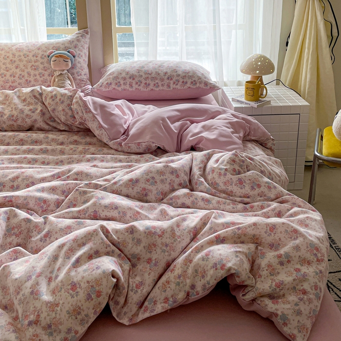 91家纺网 家纺一手货源 找家纺 仟网汇 2025新款针织双层纱AB版四件套 粉娜