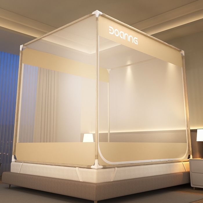 91家纺网 家纺一手货源 找家纺 青竹苑 2025新款双门全底外穿坐床式蚊帐儿童防摔防蚊拉链方帐 纯色字母-米咖