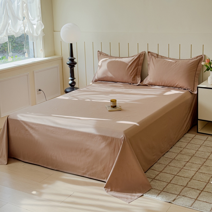 91家纺网 家纺一手货源 找家纺 2025新款40长绒棉13372全棉酒店宾馆民宿学生三件套纯色单品床单（可定制）摩卡