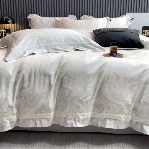 91家纺网 家纺一手货源 找家纺 【直播爆款】A类全棉数码印花四件套纯棉轻奢风长绒棉床单被套条纹床上用品 SM浮影-梵希银