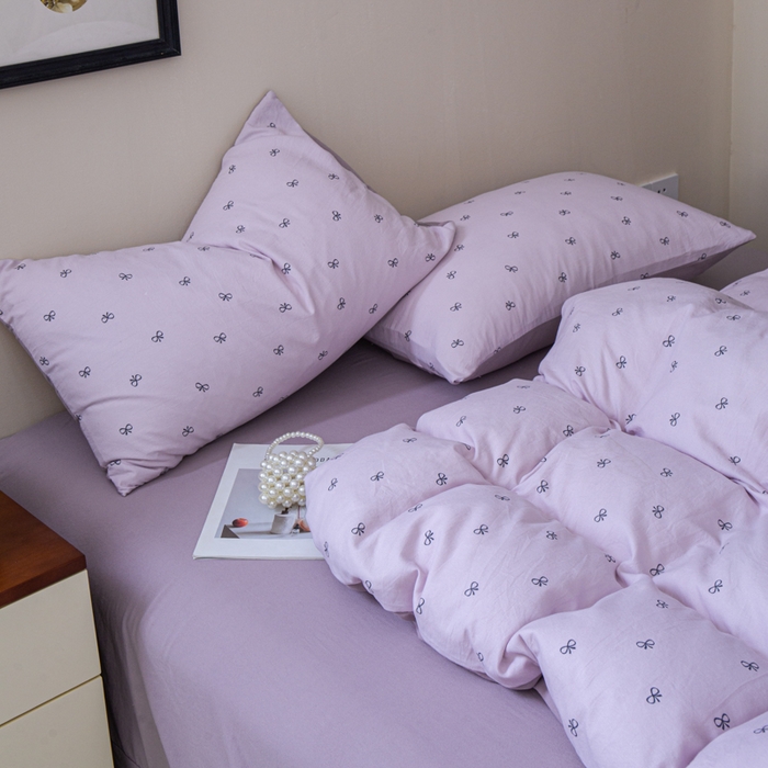 91家纺网 家纺一手货源 找家纺 利禾家纺 2025新款针织天竺棉水洗棉四件套被套学生宿舍三件套床单款 莫奈紫