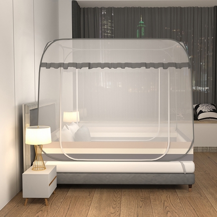 91家纺网 家纺一手货源 找家纺 青竹苑 2025新款免安装大顶魔术蚊帐 条纹灰