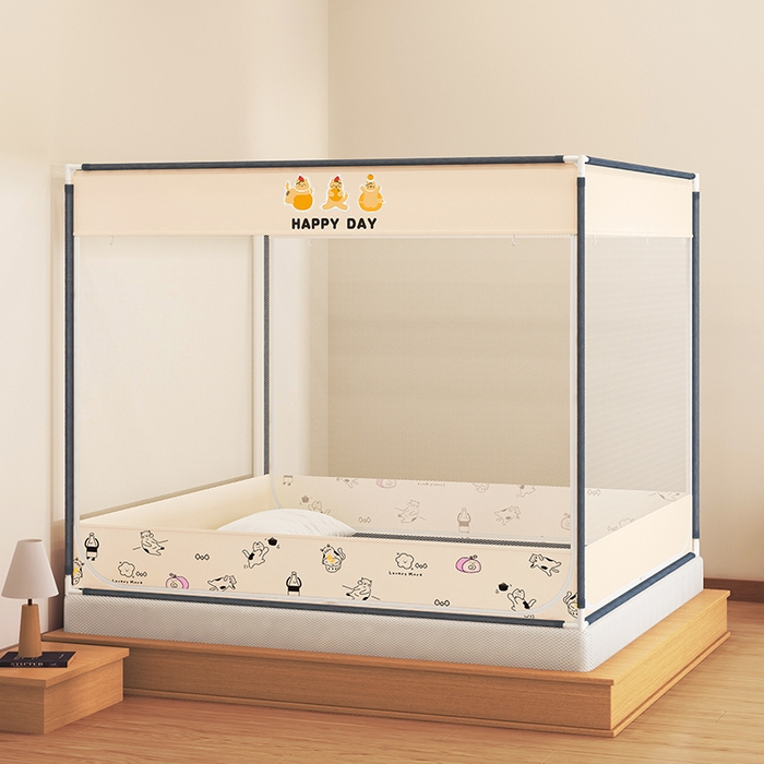 91家纺网 家纺一手货源 找家纺 青竹苑 2025新款三门大版上下布印花外穿坐床蚊帐床笠式防摔方帐 你好喵呀