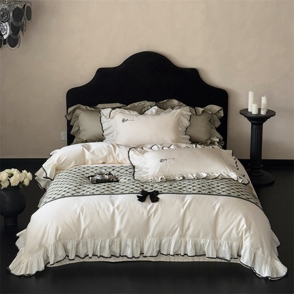 91家纺网 家纺一手货源 找家纺 佳汐蓝家纺 2025新款100支澳棉韩式小花边四件套-柚园 柚园-白色