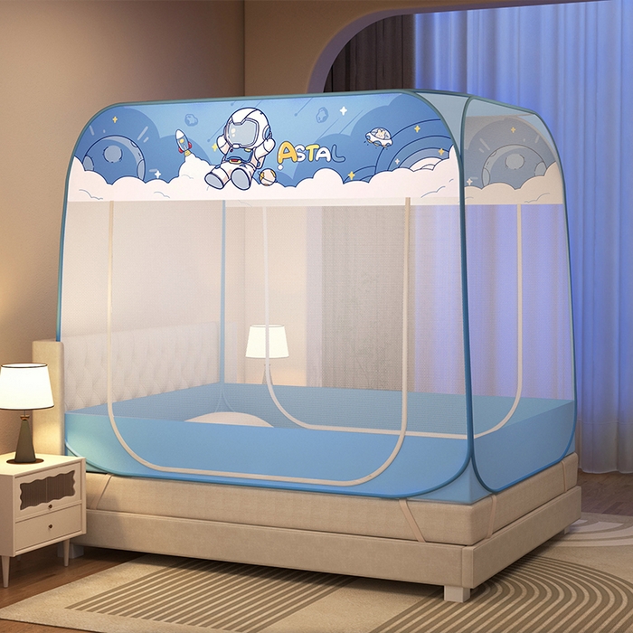 91家纺网 家纺一手货源 找家纺 青竹苑 2025新款免安装方顶布三角防尘顶款魔术蚊帐 时空宇航