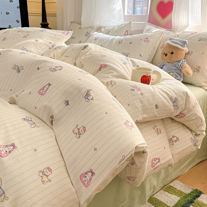 91家纺网 家纺一手货源 找家纺 博雅 2025新款全棉A类双层纱四件套 哈哈狗