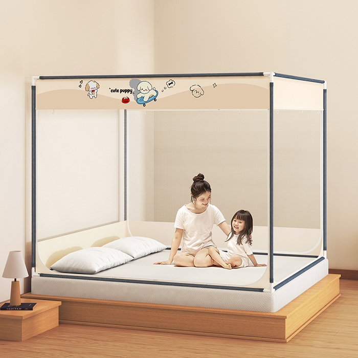 91家纺网 家纺一手货源 找家纺 青竹苑 2025新款三门大版上下布印花外穿坐床蚊帐床笠式防摔方帐 快乐修狗