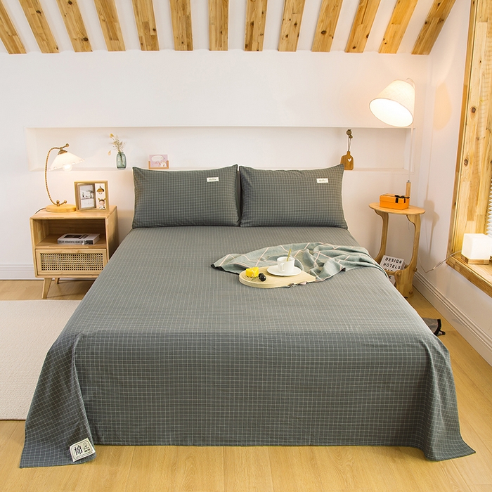 91家纺网 家纺一手货源 找家纺 柠萌家居 2025新款无印风全棉色织A类母婴级纯棉水洗棉床单 灰小格