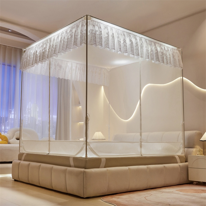 91家纺网 家纺一手货源 找家纺 青竹苑 2025新款花边TU拉链外穿全底坐床蚊帐 珍珠白