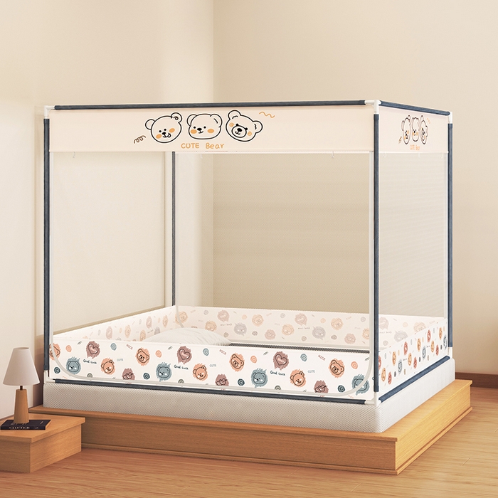 91家纺网 家纺一手货源 找家纺 青竹苑 2025新款三门大版上下布印花外穿坐床蚊帐床笠式防摔方帐 熊熊出没