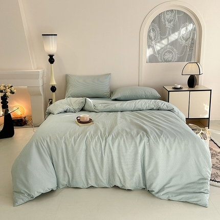 优迈 2025新款ins风亲肤卡通条格印花水洗棉系列四件套 日系独白绿