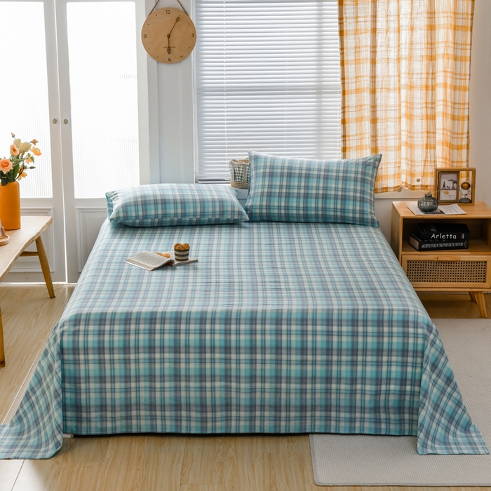 91家纺网 家纺一手货源 找家纺 柠萌家居 2025新款无印风全棉色织A类母婴级纯棉水洗棉床单 简爱绿格