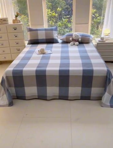 91家纺网 家纺一手货源 找家纺 柠萌家居 2025新款无印风全棉色织A类母婴级纯棉水洗棉床单 蓝大格