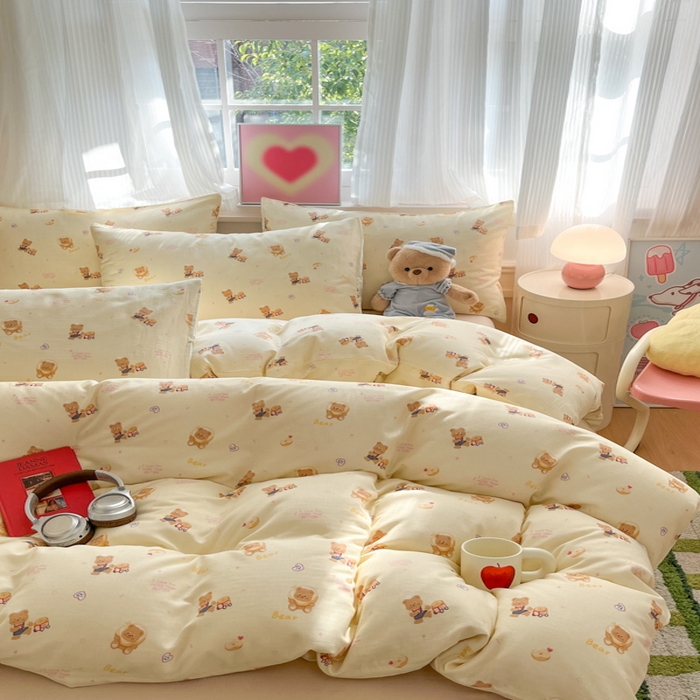 91家纺网 家纺一手货源 找家纺 博雅 2025新款全棉A类双层纱四件套 黄油小熊