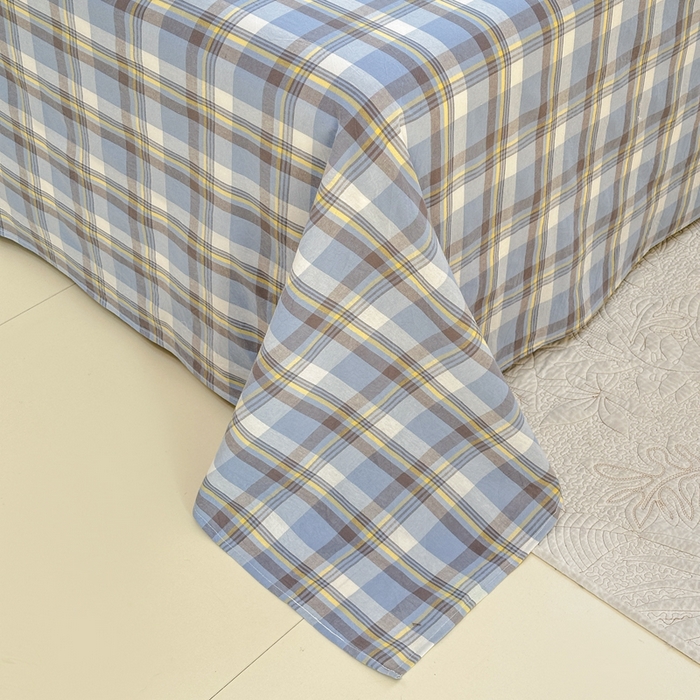 91家纺网 家纺一手货源 找家纺 柠萌家居 2025新款无印风全棉色织A类母婴级纯棉水洗棉床单 简兮蓝