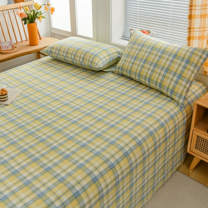 91家纺网 家纺一手货源 找家纺 柠萌家居 2025新款无印风全棉色织A类母婴级纯棉水洗棉床单 简爱黄格