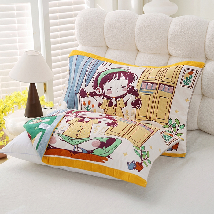 91家纺网 家纺一手货源 找家纺 朴尔家纺-毛巾被 2025新款萌萌系八层纯棉加厚纱布枕巾 早安少女