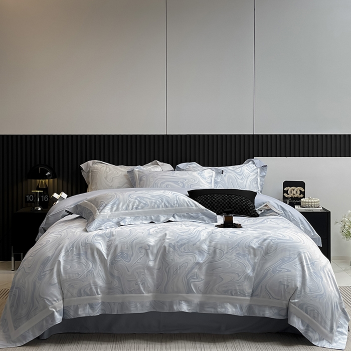 91家纺网 家纺一手货源 找家纺 【直播爆款】A类全棉数码印花四件套纯棉轻奢风长绒棉床单被套条纹床上用品 SM浮影-沁水蓝