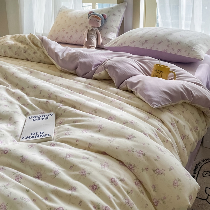 91家纺网 家纺一手货源 找家纺 仟网汇 2025新款针织双层纱AB版四件套 莱茵紫花