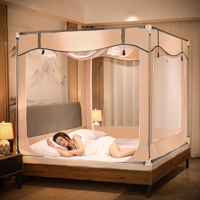 91家纺网 家纺一手货源 找家纺 青竹苑 2025新款外穿中式坐床全底防摔蚊帐 卡其色