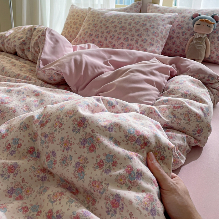 91家纺网 家纺一手货源 找家纺 仟网汇 2025新款针织双层纱AB版四件套 粉娜